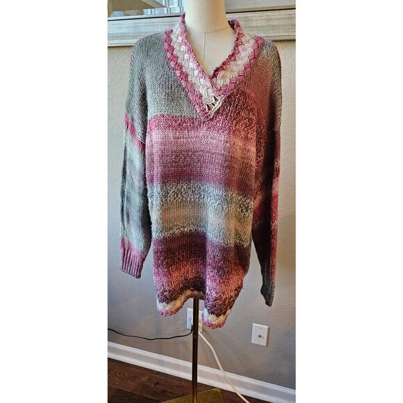 Noelle Simply Oversized Cable Knit V-Neck Sweater Women Sz L/XL Colorblock Multi - Picture 1 of 6